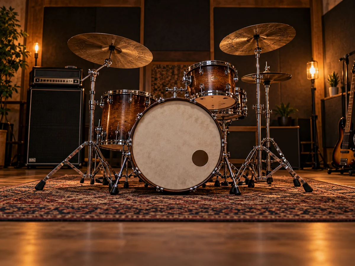 Drum kit in a rehearsal room prepared for a new arrangement