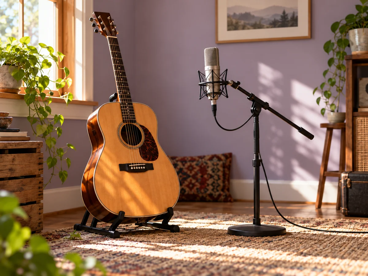 Acoustic guitar and a microphone ready for an instrument take