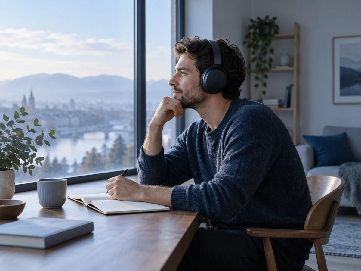 Listener comparing musical ideas with headphones and a notebook