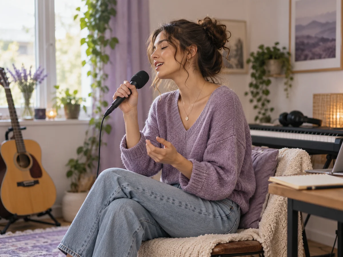 Musician recording a musical idea into a handheld microphone