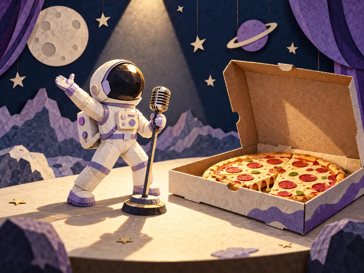 Toy astronaut and pizza box beside a theatrical microphone