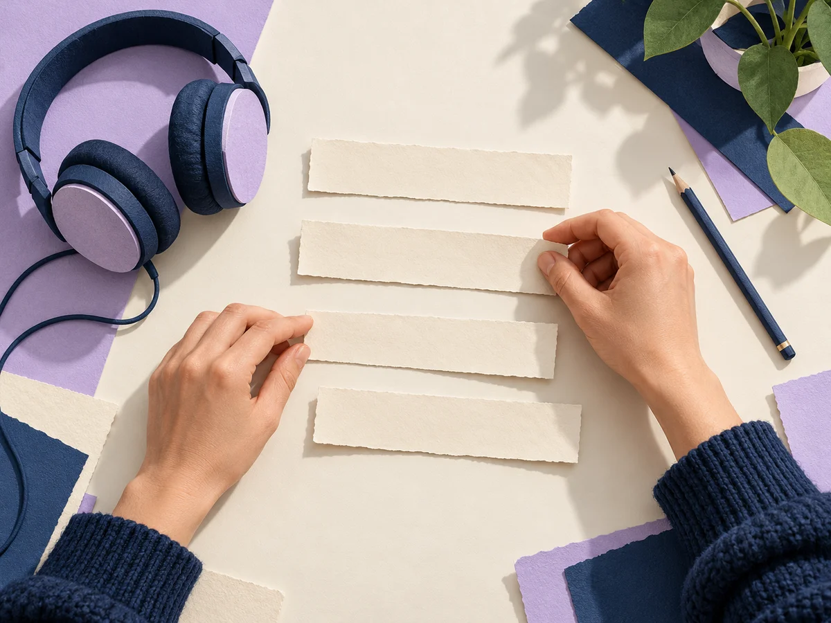 Hands arranging blank lyric strips beside headphones