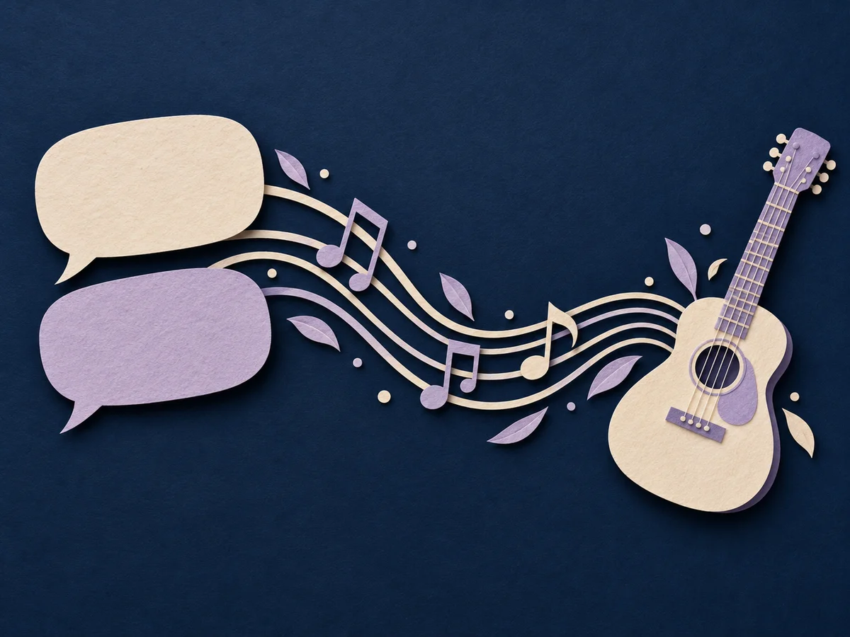 Paper conversation bubbles flowing into a guitar and musical staff