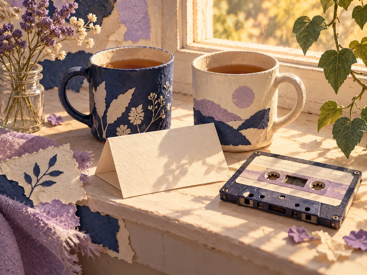 Two mugs and a cassette on a warmly lit windowsill