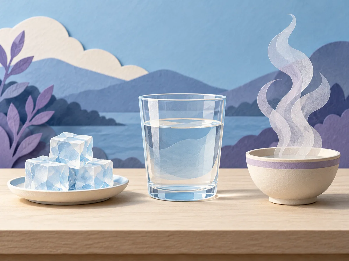 Paper illustration of ice, liquid water and rising curls above a bowl