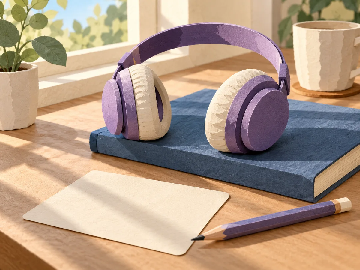 Headphones rest on a closed study book beside a blank recall card