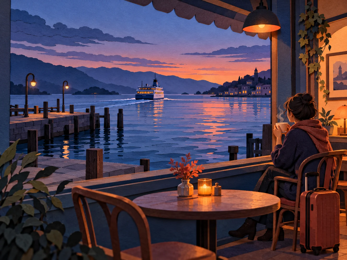 A fictional traveler pausing at a harbor cafe after the ferry has left