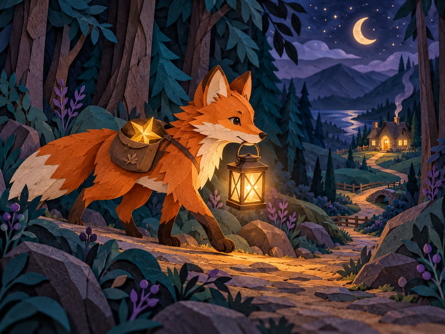 A paper fox carrying a lantern and a star through a folded forest