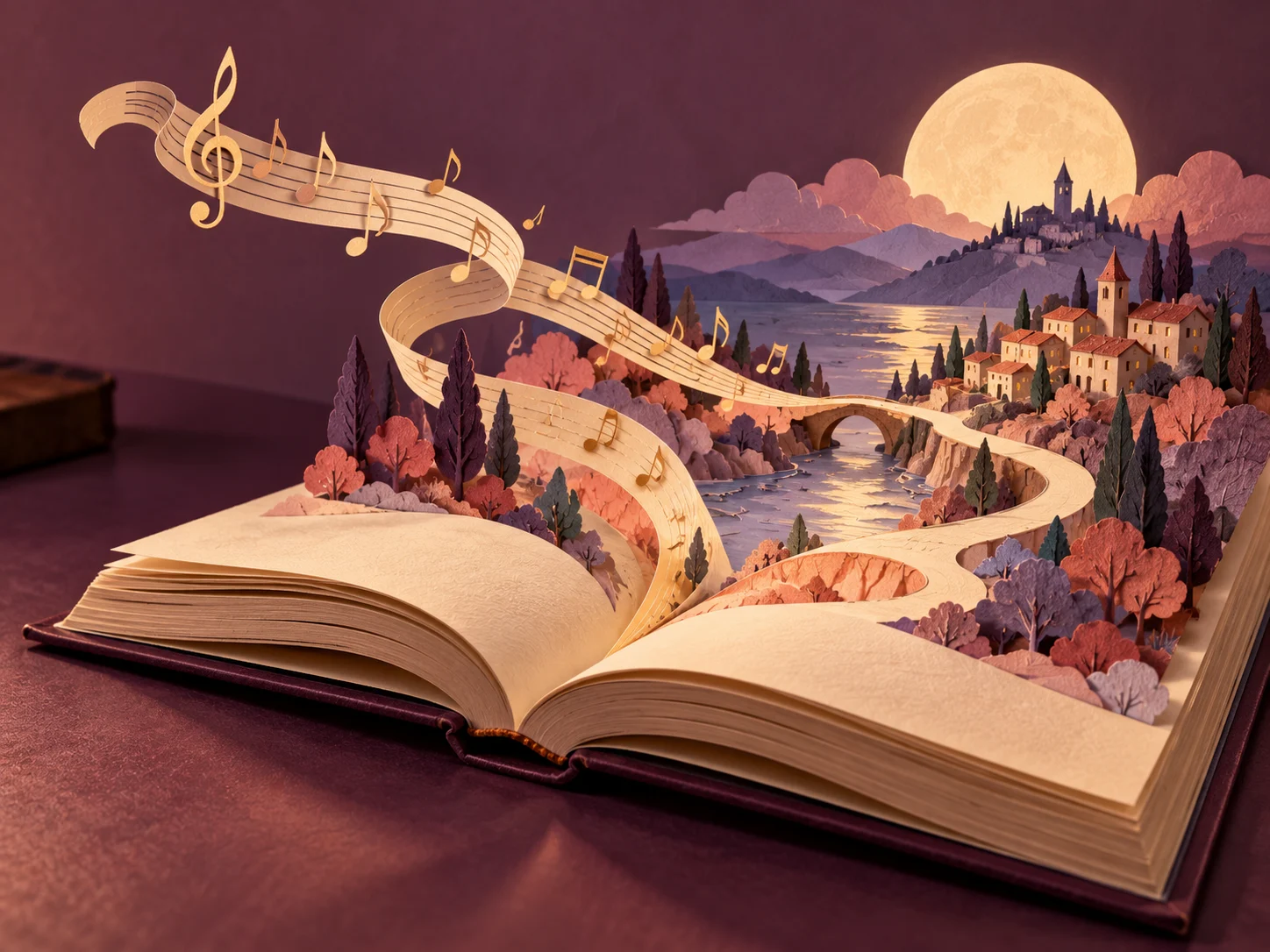 An open storybook with musical notes rising into a miniature landscape