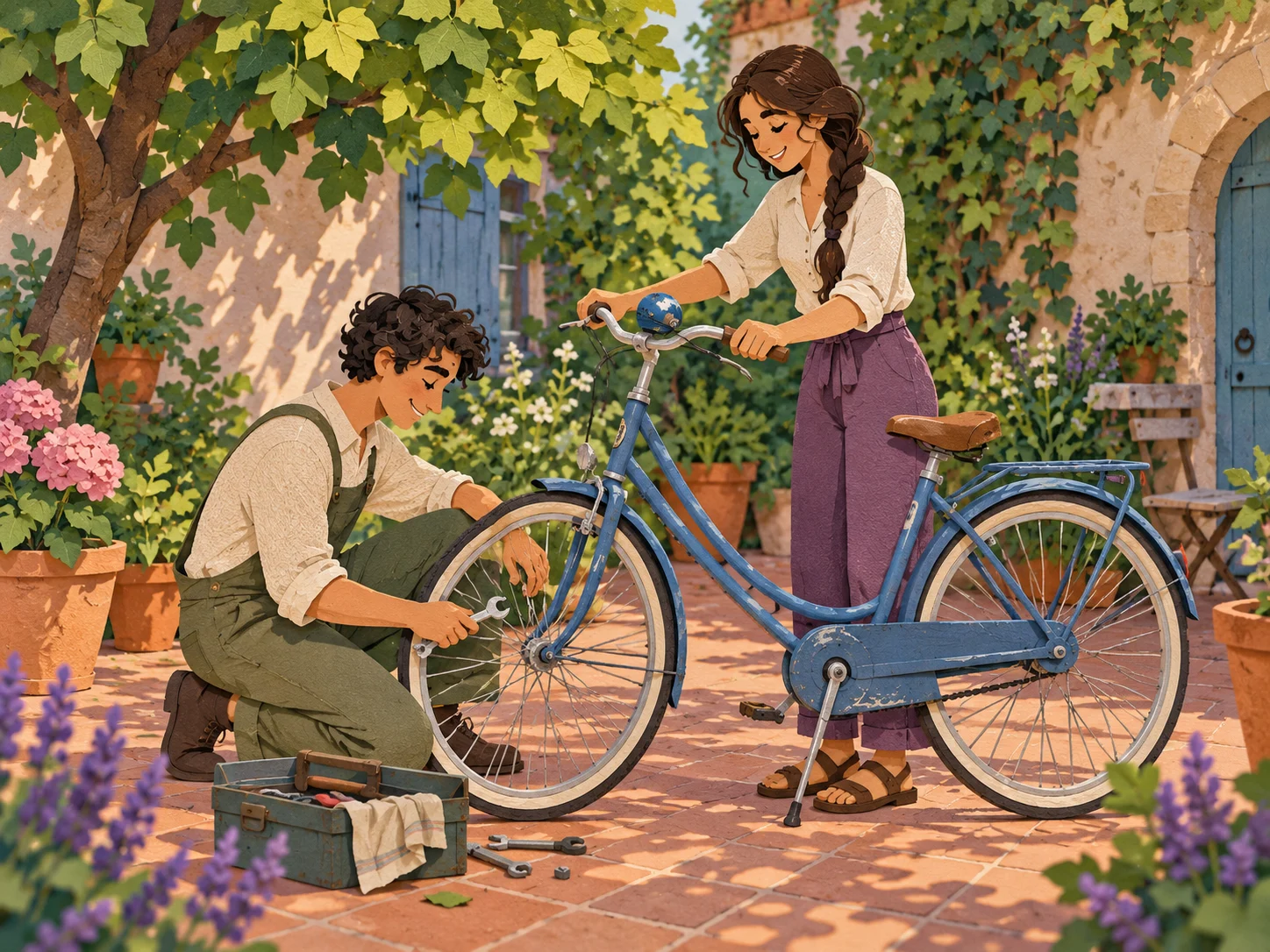 Two fictional siblings repairing a blue bicycle in a summer courtyard